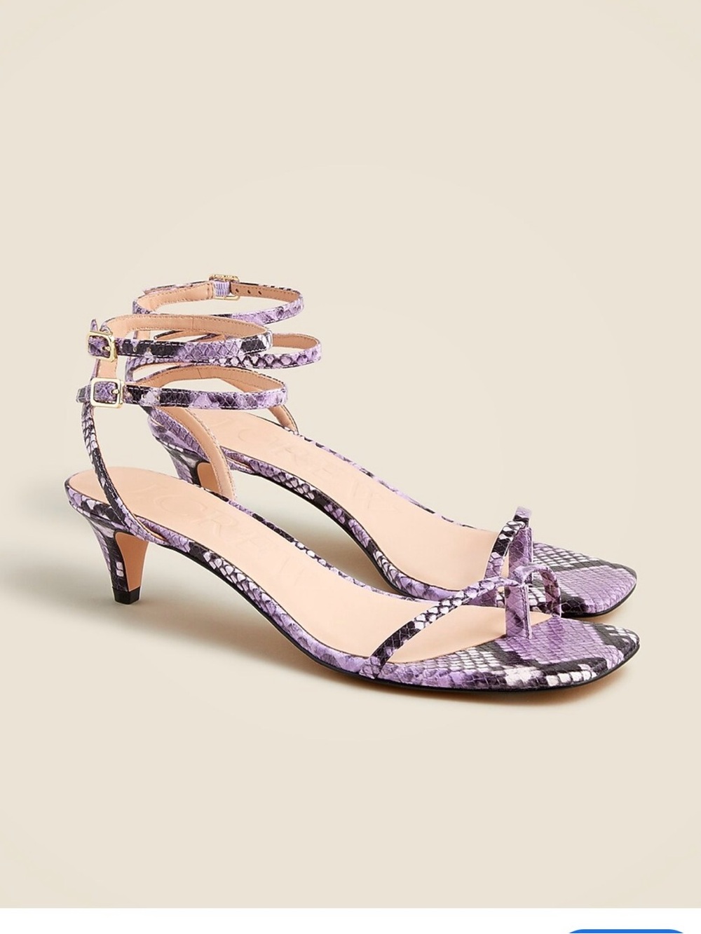 J.Crew Lavender Snake-Print Ankle-Strap Kitten Heel Sandals